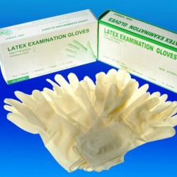 Protective hand lightly powdered disposable medical latex examination gloves